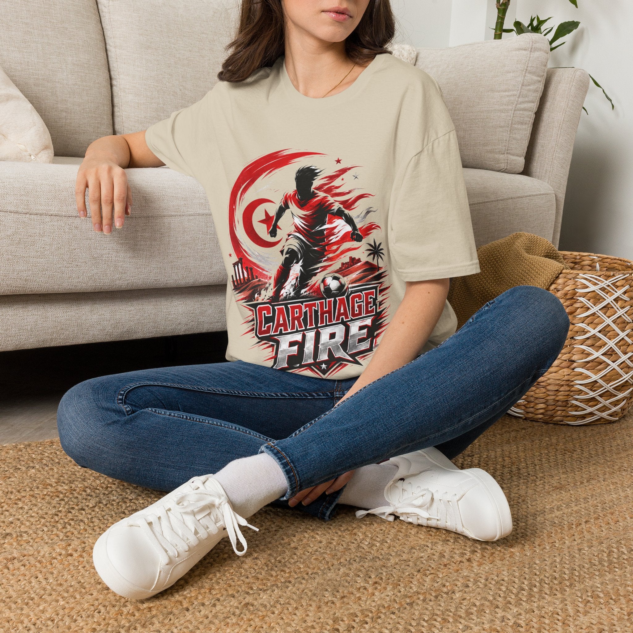 Tunisia Carthage Fire Soccer T-Shirt — Red Crescent Football Fan Tee