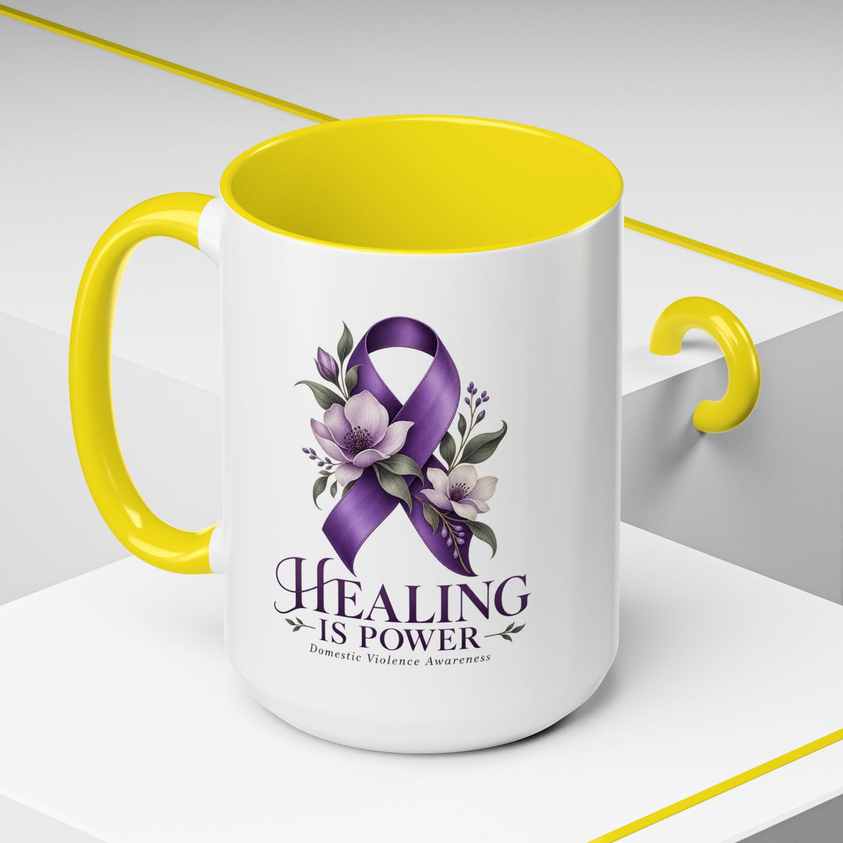 Healing Is Power Purple Ribbon Coffee Mug — Domestic Violence Awareness Accent Mug (11/15oz)