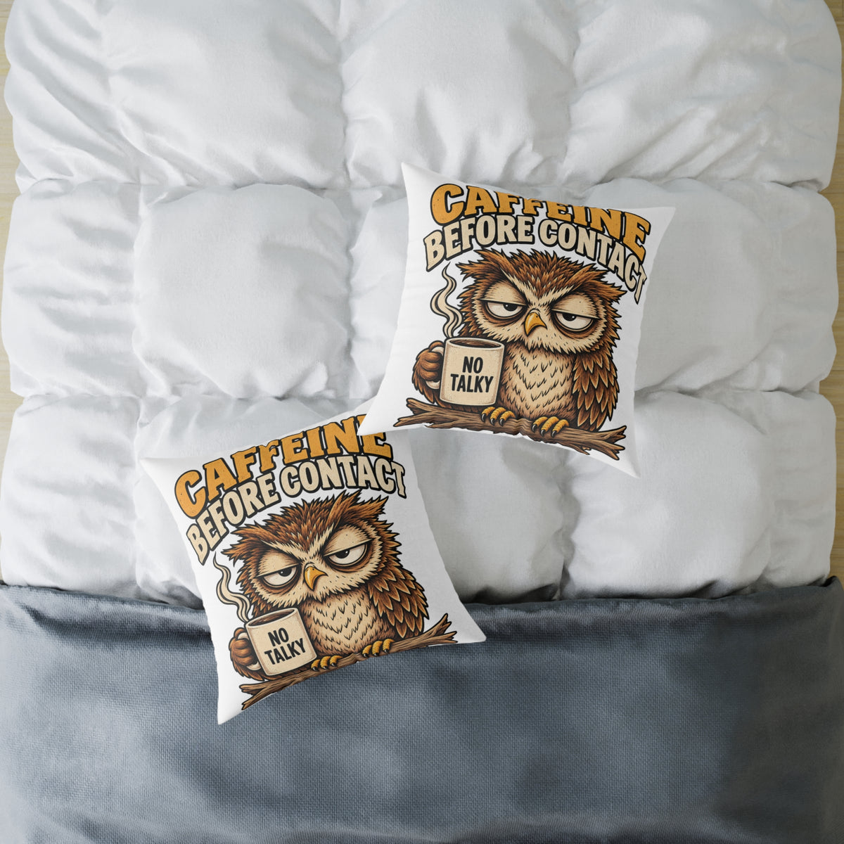 Caffeine Before Contact Owl Pillow — Funny Coffee Mug Graphic Throw Pillow