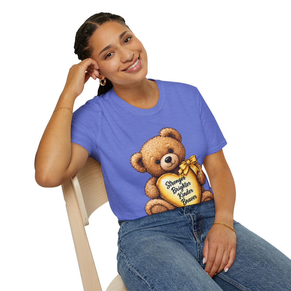 Childhood Cancer Awareness Teddy T-Shirt — "Stronger Brighter Kinder Braver"