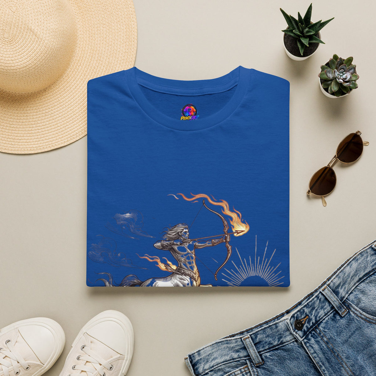 Sagittarius Centaur Archer T-Shirt — Mythical Archer Graphic Tee (Flaming Bow)