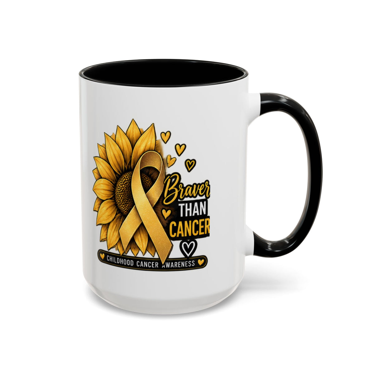 Childhood Cancer Awareness Mug — "Braver Than Cancer" Sunflower & Gold Ribbon