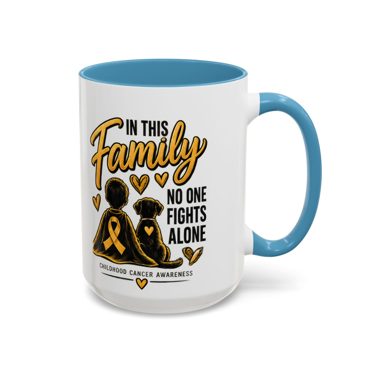 Childhood Cancer Awareness Accent Coffee Mug – "In This Family No One Fights Alone" (11/15oz)
