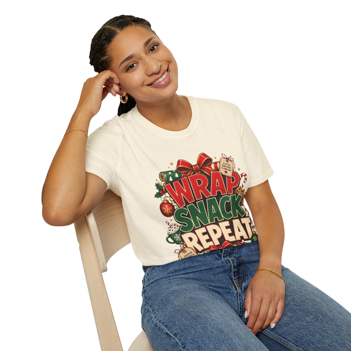 T-Shirt — "Wrap Snack Repeat" Christmas Graphic Tee