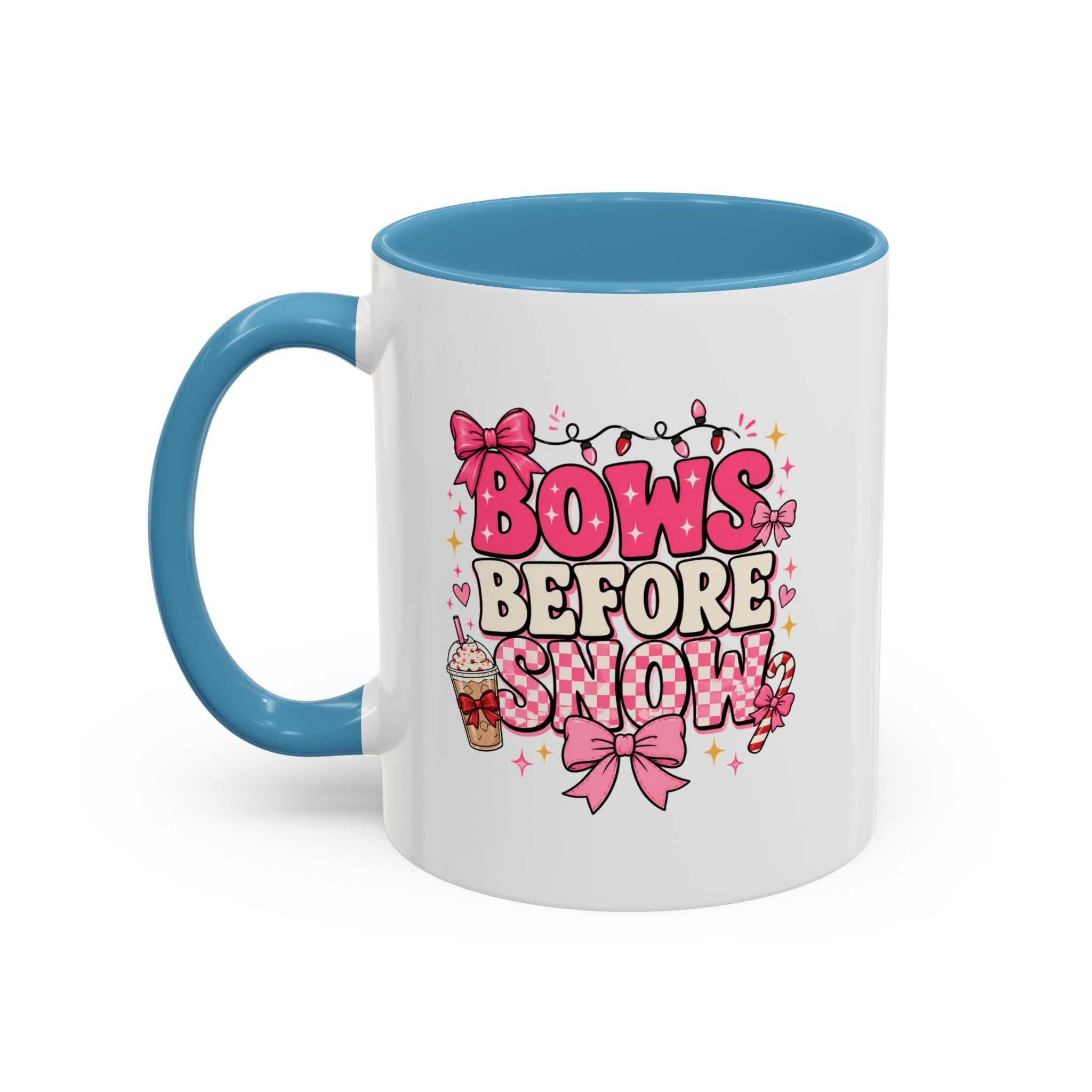 Modern Day Christmas Bows Before Snow Accent Coffee Mug — Cute Pink Holiday Hot Cocoa Design (11/15oz)
