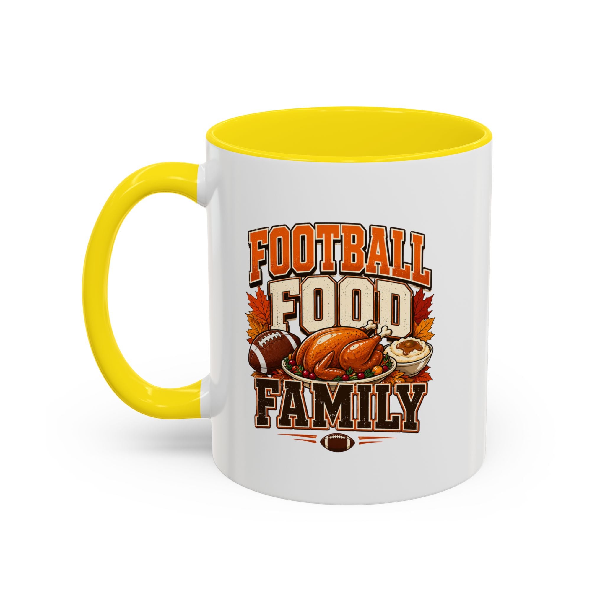 Thanksgiving Mug Football, Food & Family Coffee Mug — Thanksgiving Game Day Accent Mug