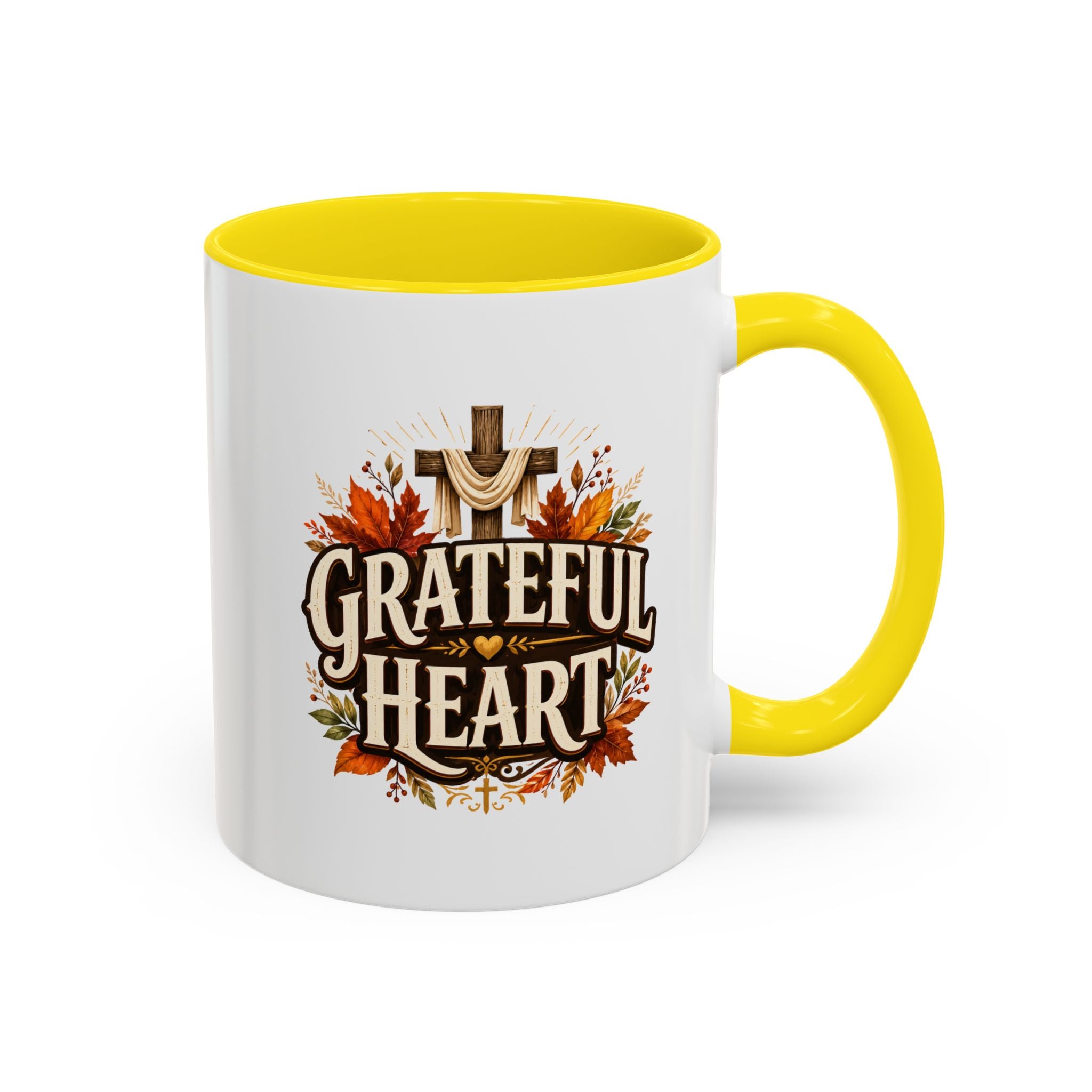 Thanksgiving Mug Grateful Heart Accent Coffee Mug – Autumn Leaves & Cross Spiritual Thanksgiving Gift