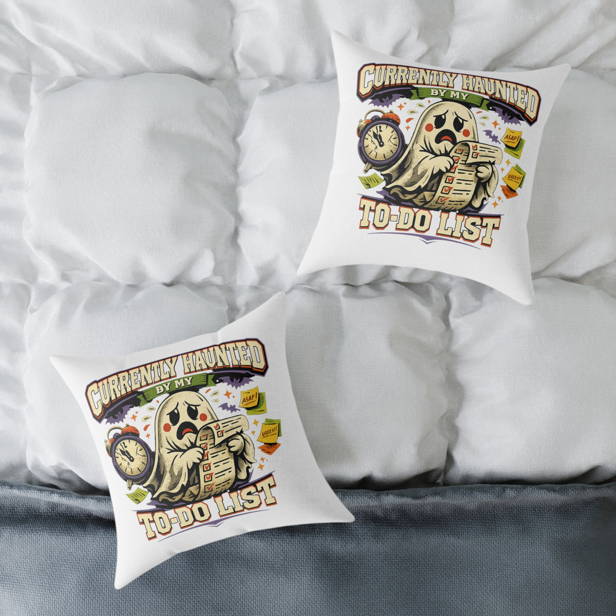 Halloween Square Poly Canvas Pillow — “Currently Haunted by My To-Do List” Halloween Ghost Decorative Throw Pillow