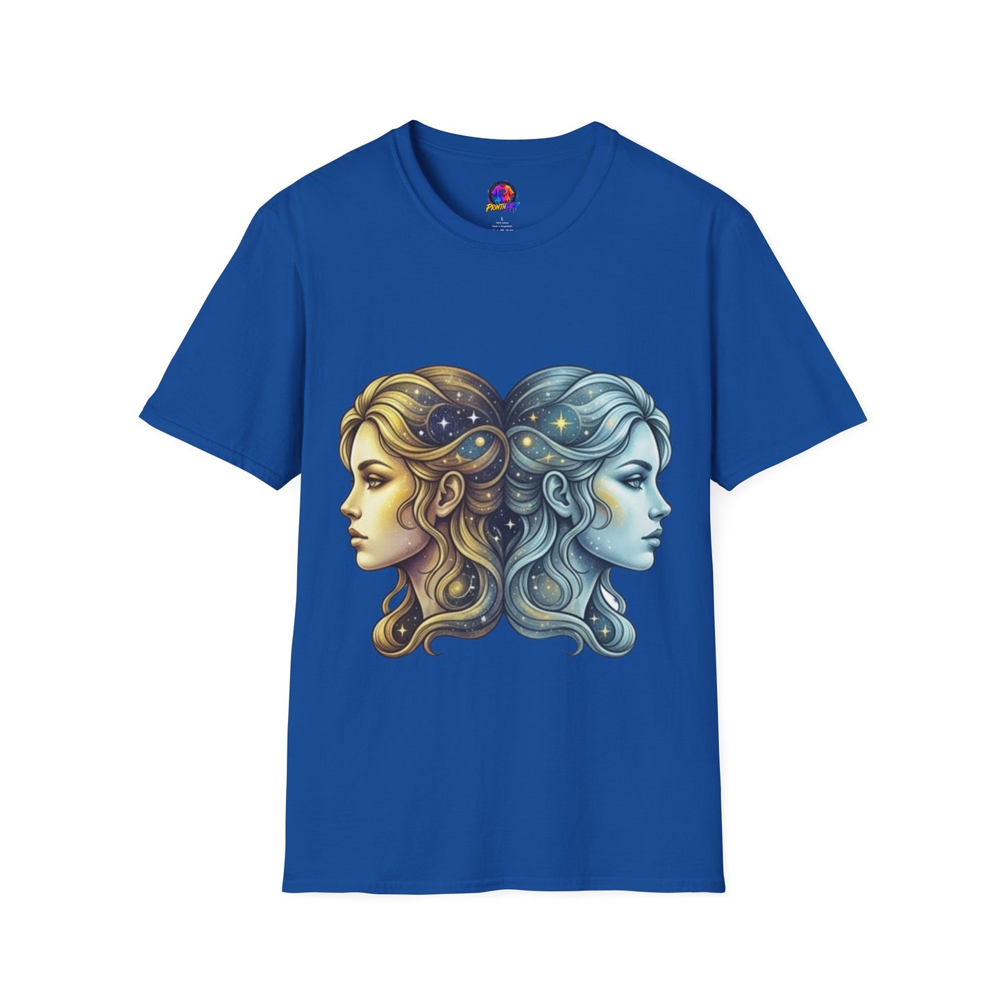 Zodiac Gemini Sun & Moon T-Shirt — Dual Faces Cosmic Design
