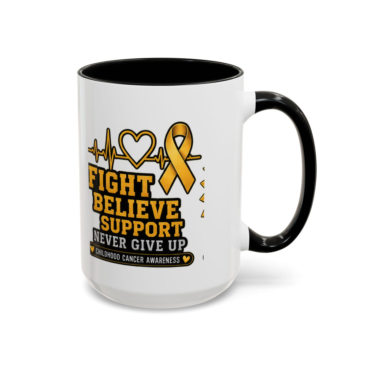 Childhood Cancer Awareness Accent Coffee Mug — "Fight Believe Support" 11/15oz