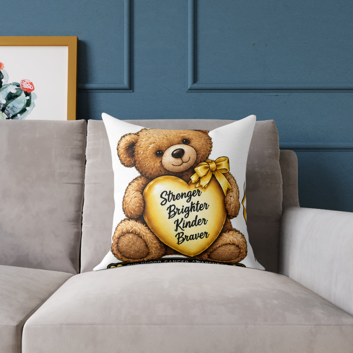 Childhood Cancer Teddy Bear Heart Pillow — "Stronger Brighter Kinder Braver" Decorative Throw Pillow