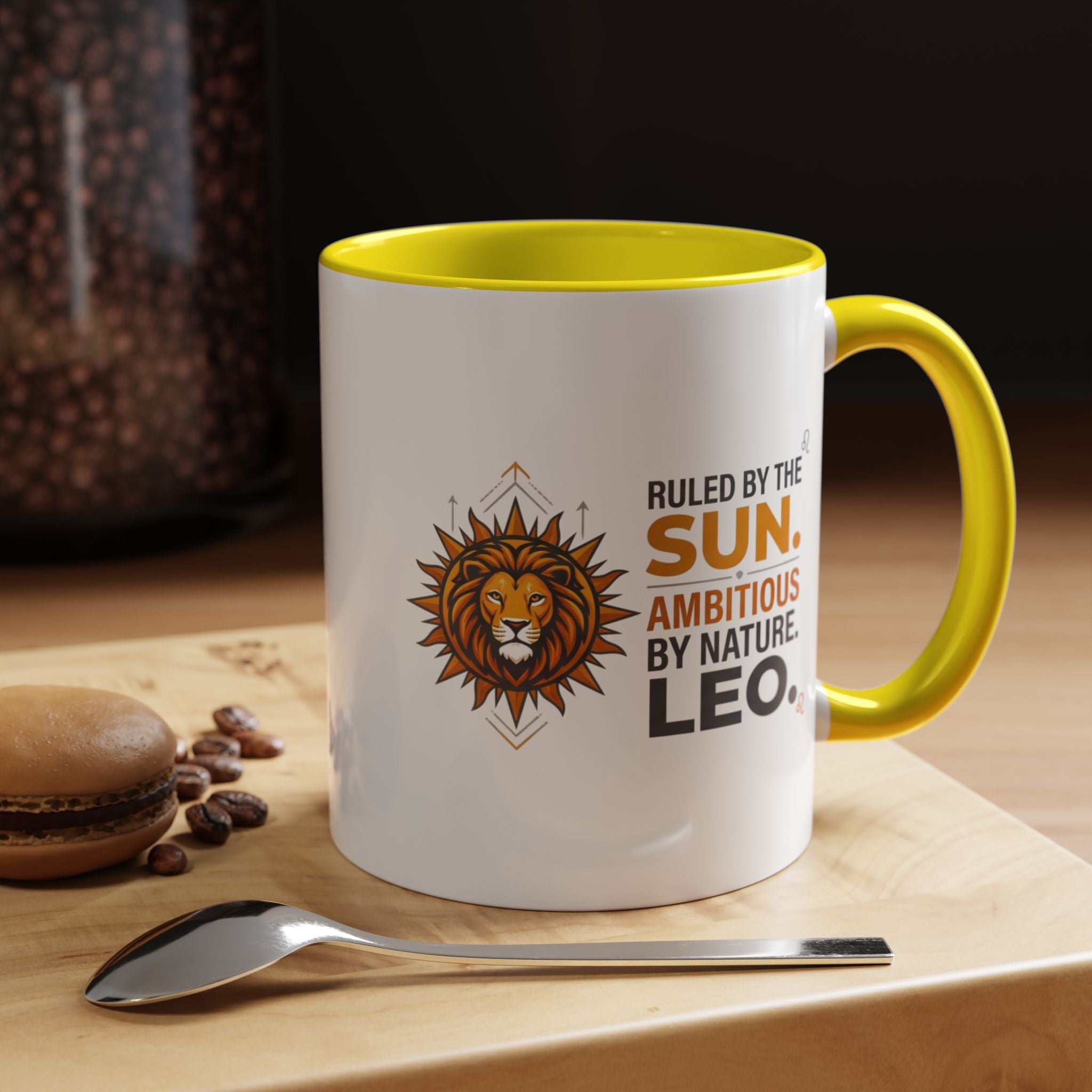 Leo Zodiac Coffee Mug — "Ruled by the Sun. Ambitious by Nature. LEO." Accent Ceramic Mug