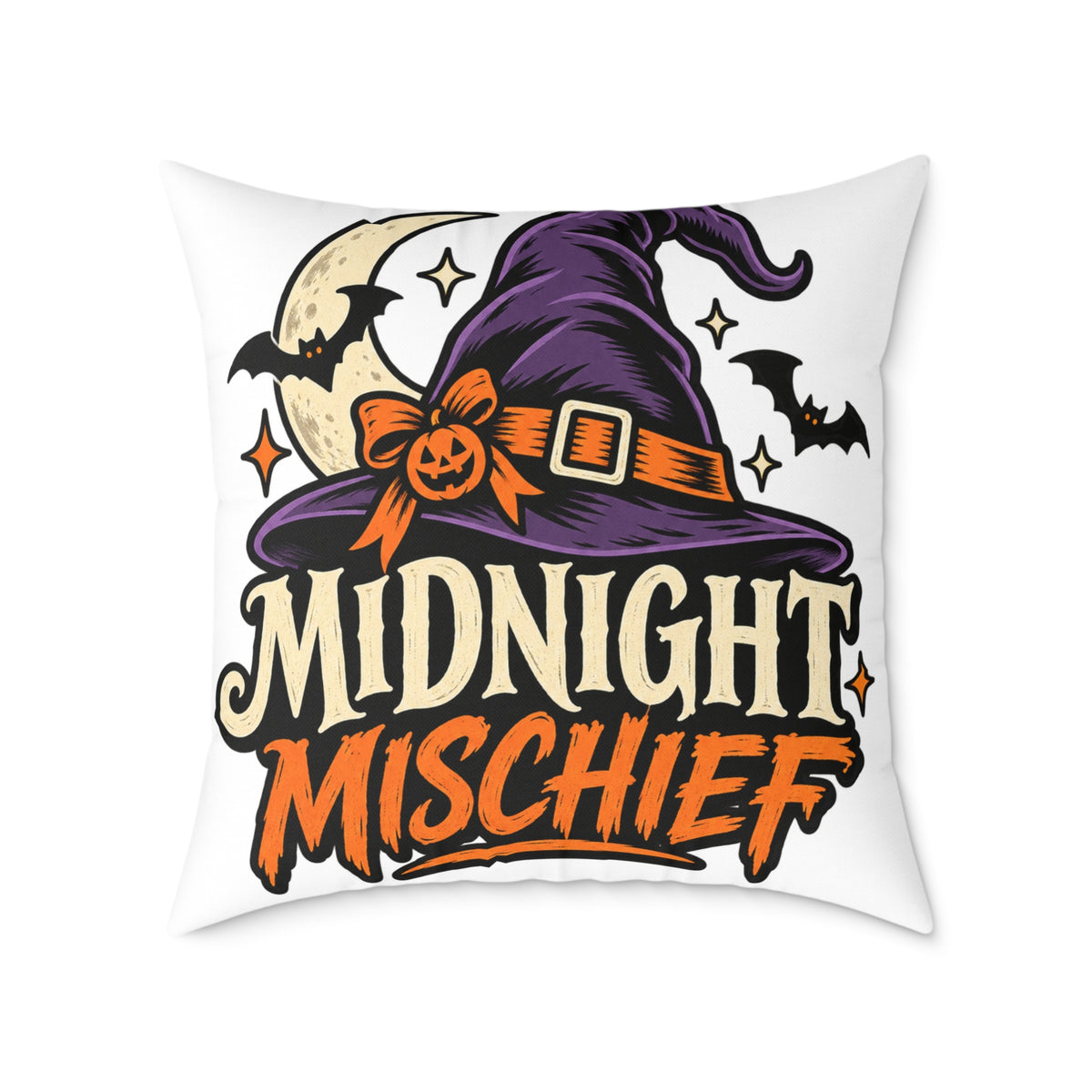 Midnight Mischief Halloween Pillow – Witch Hat & Bats Decorative Throw Pillow