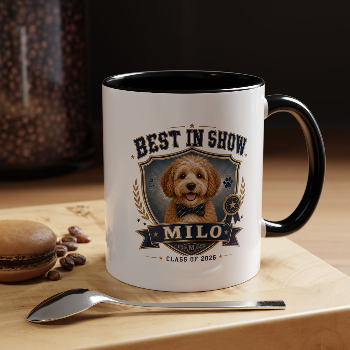 Milo Bailey Dog Dad Mom Best in Show Personalized Dog Coffee Mug — 'Milo' Class of 2026 Accent Mug