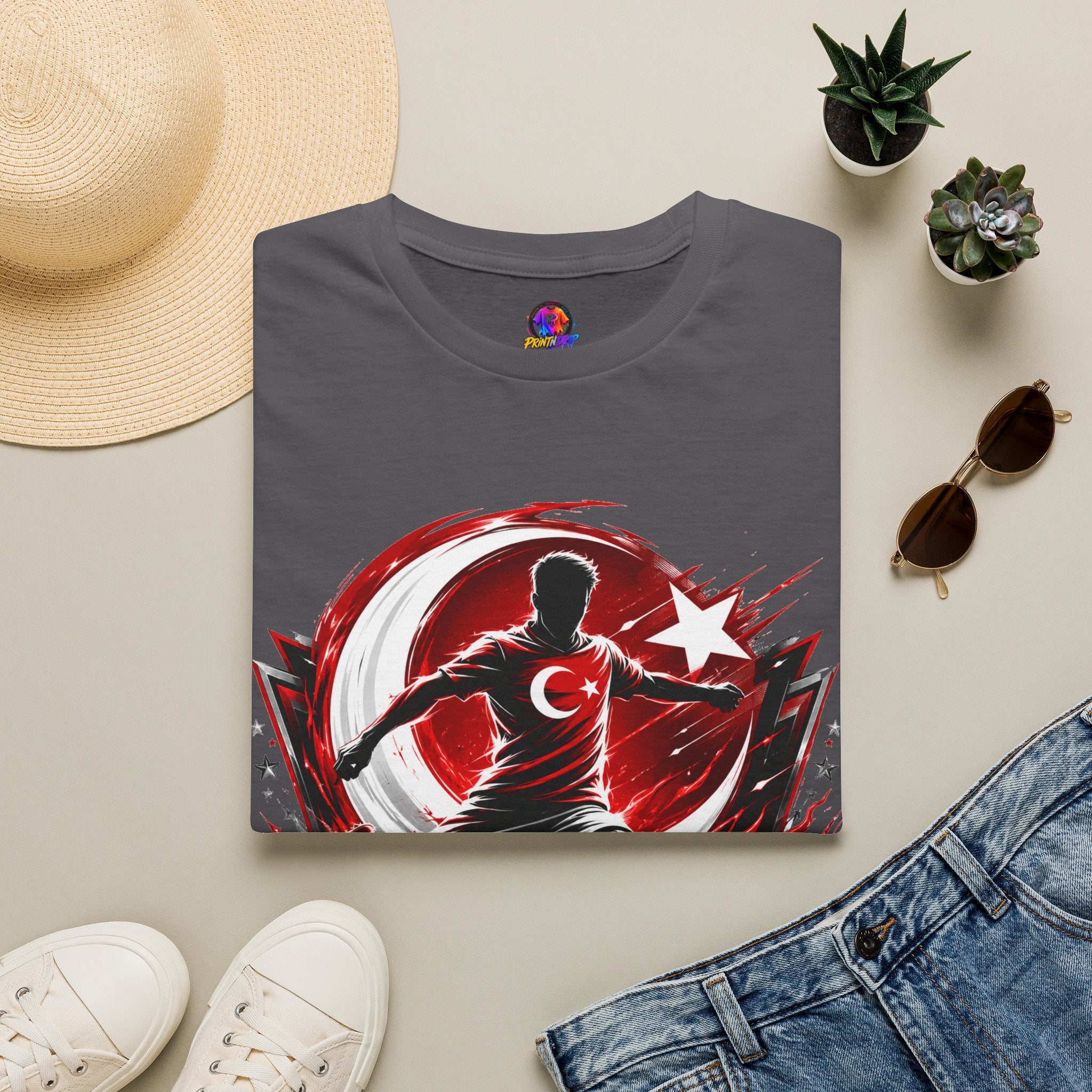 Turkey Crimson Flame Soccer T-Shirt — Turkish Crescent & Star Football Fan Tee