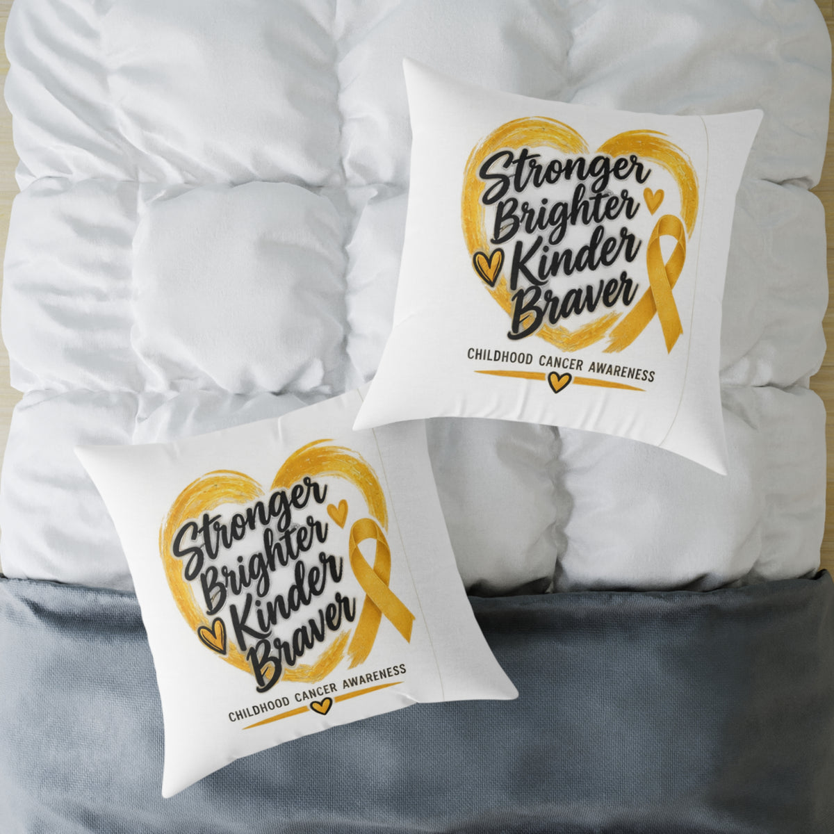Childhood Cancer Awareness Pillow - "Stronger Brighter Kinder Braver" Gold Ribbon Square Throw Pillow