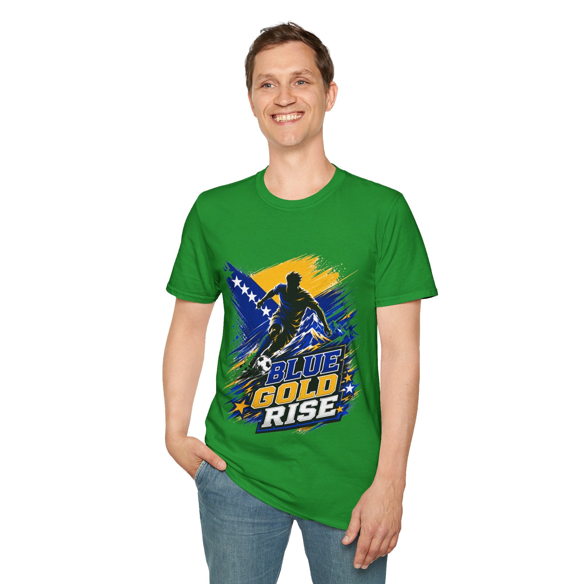 Bosnia Football T‑Shirt - "Blue Gold Rise" Soccer Graphic Tee