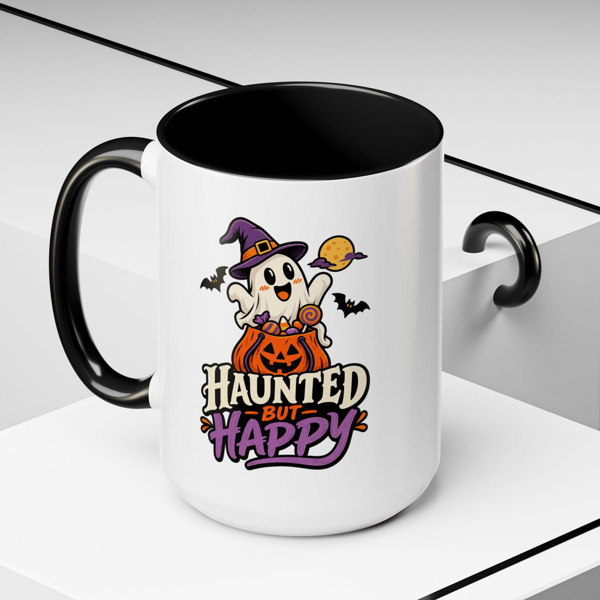 Haunted But Happy Coffee Mug — Halloween Ghost Pumpkin Accent Mug (11/15oz)