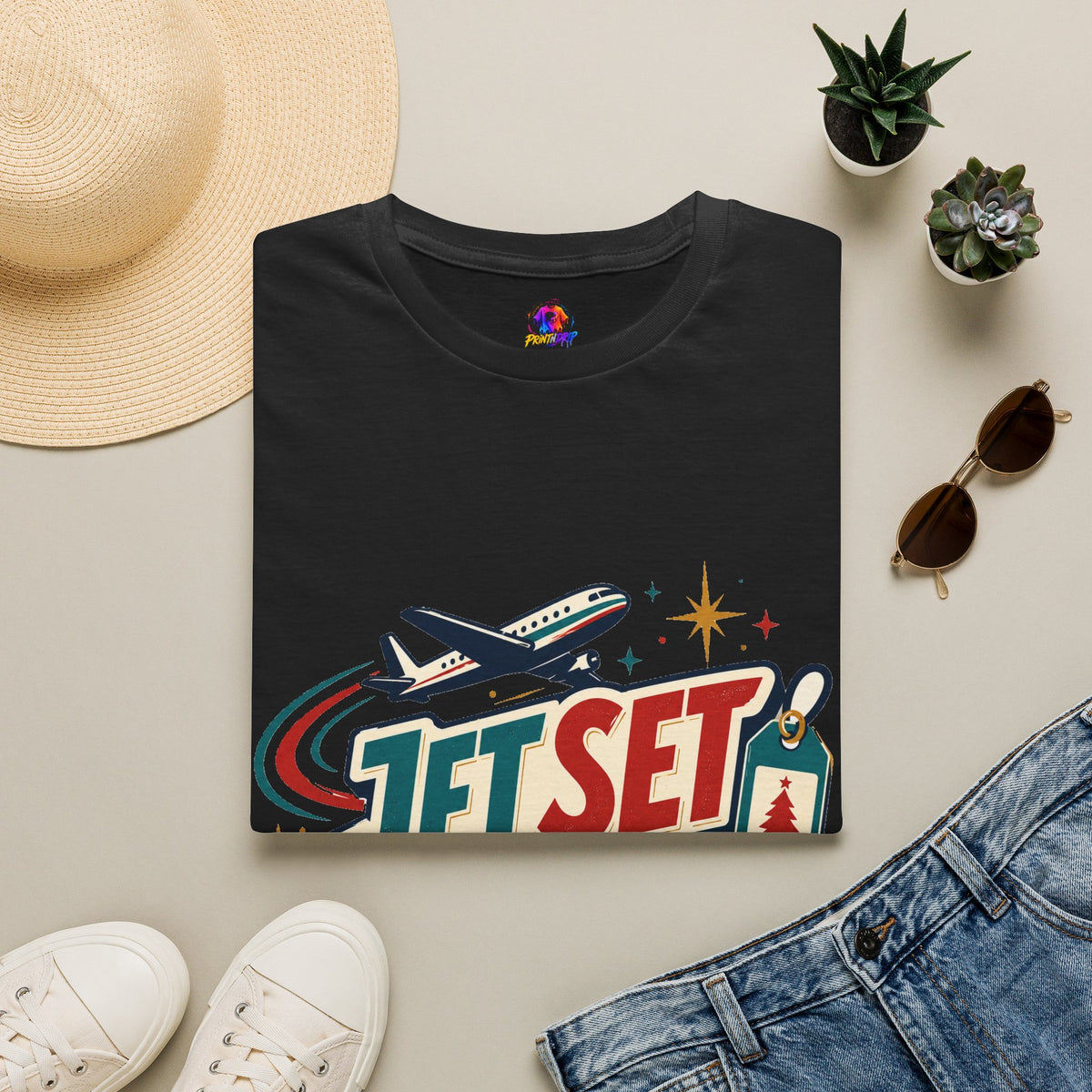 Jet Set Jingle Travel T-Shirt — Retro Airplane Vacation Graphic