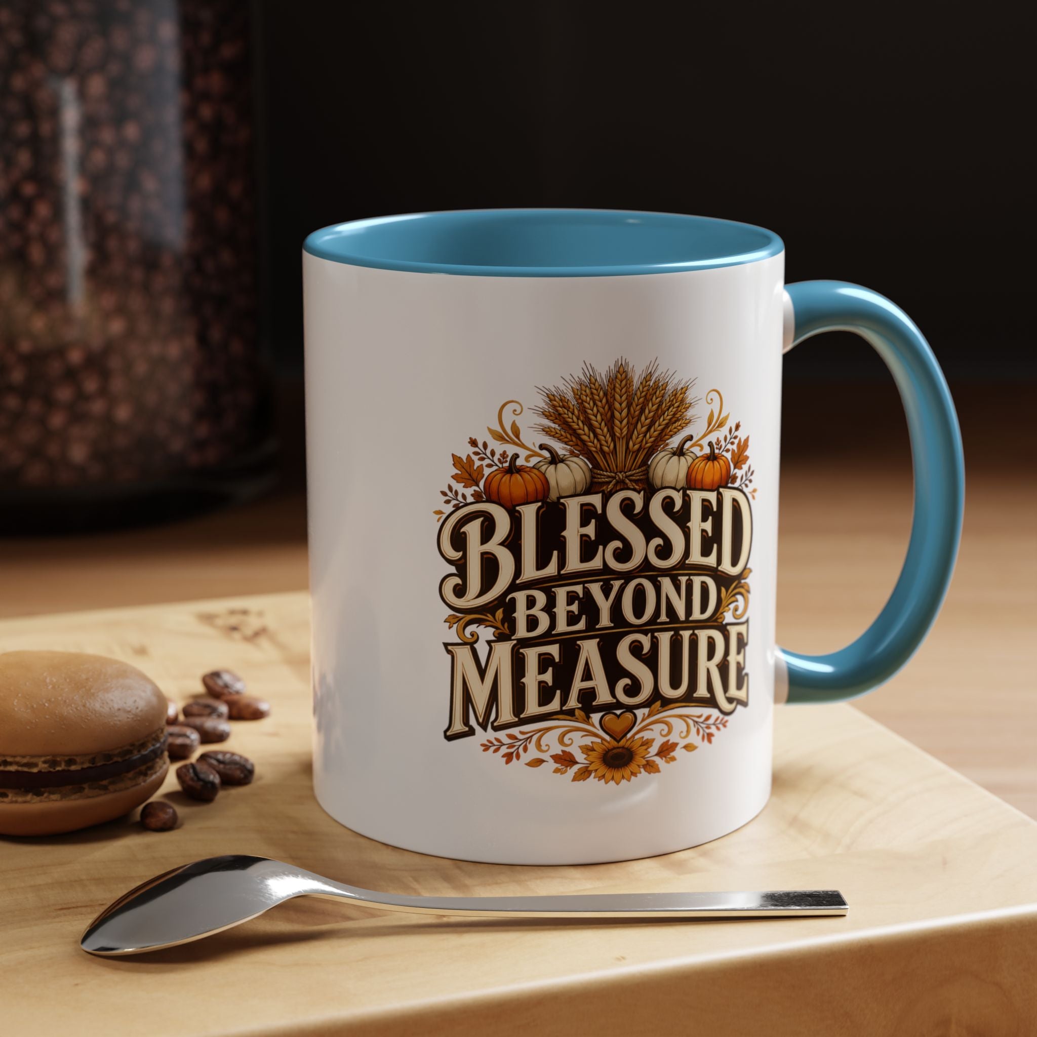 Thanksgiving Mug Blessed Beyond Measure Accent Coffee Mug — Fall Pumpkin & Wheat Autumn Faith Mug