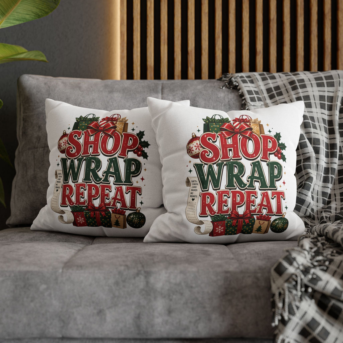 Shop Wrap Repeat Christmas Pillowcase — Holiday Decorative Throw Pillow Cover