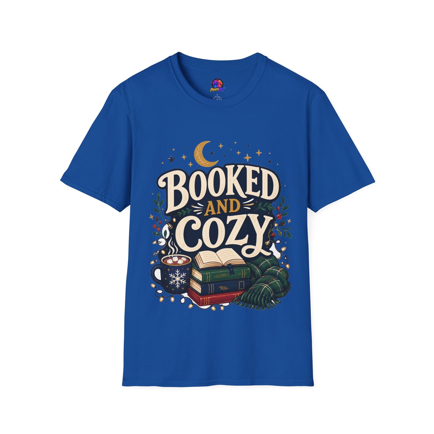 Booked and Cozy T-Shirt — Cozy Reading Graphic Tee (Books, Moon & Stars)