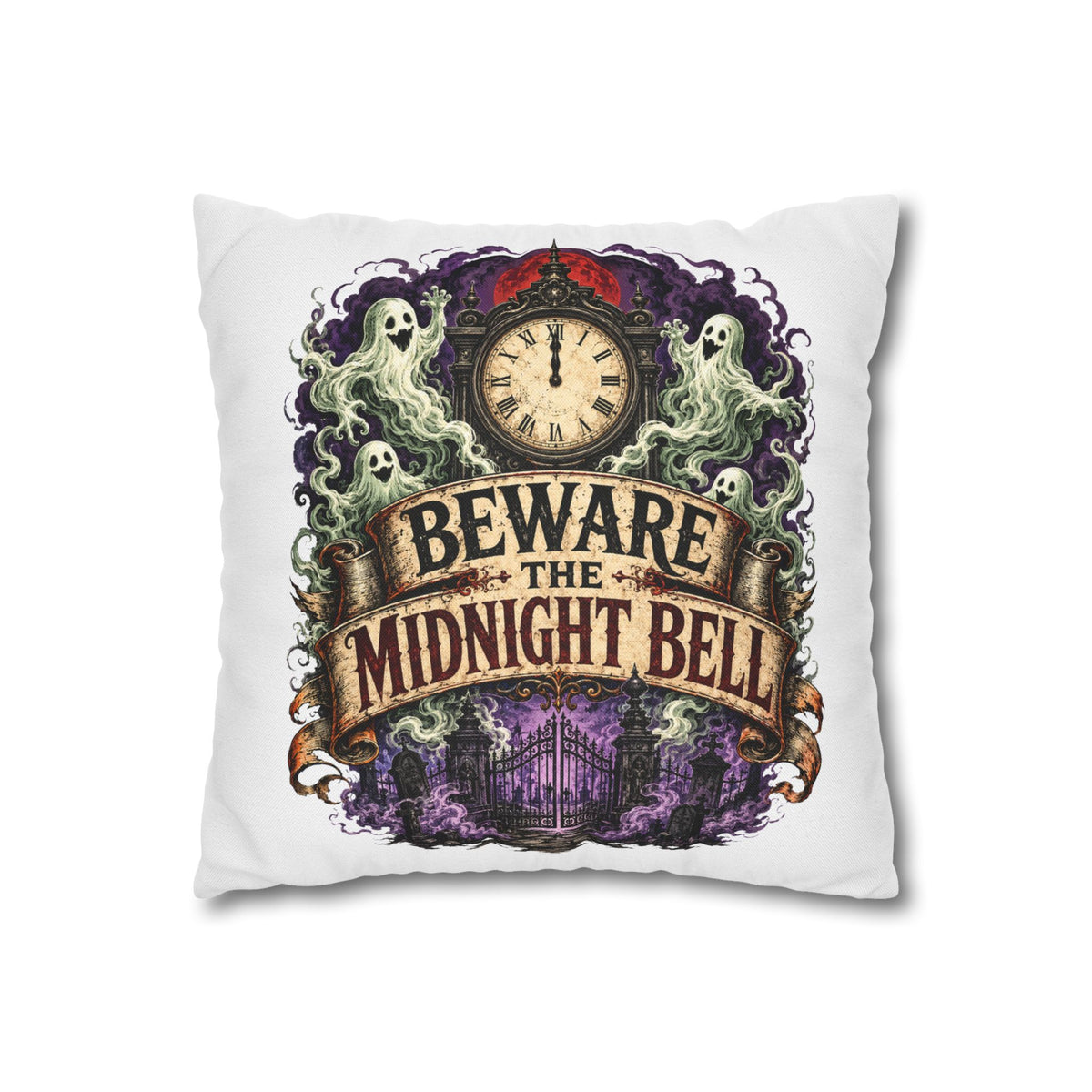 Halloween Beware the Midnight Bell Pillowcase — Haunted Clock & Ghosts Decorative Throw Pillow