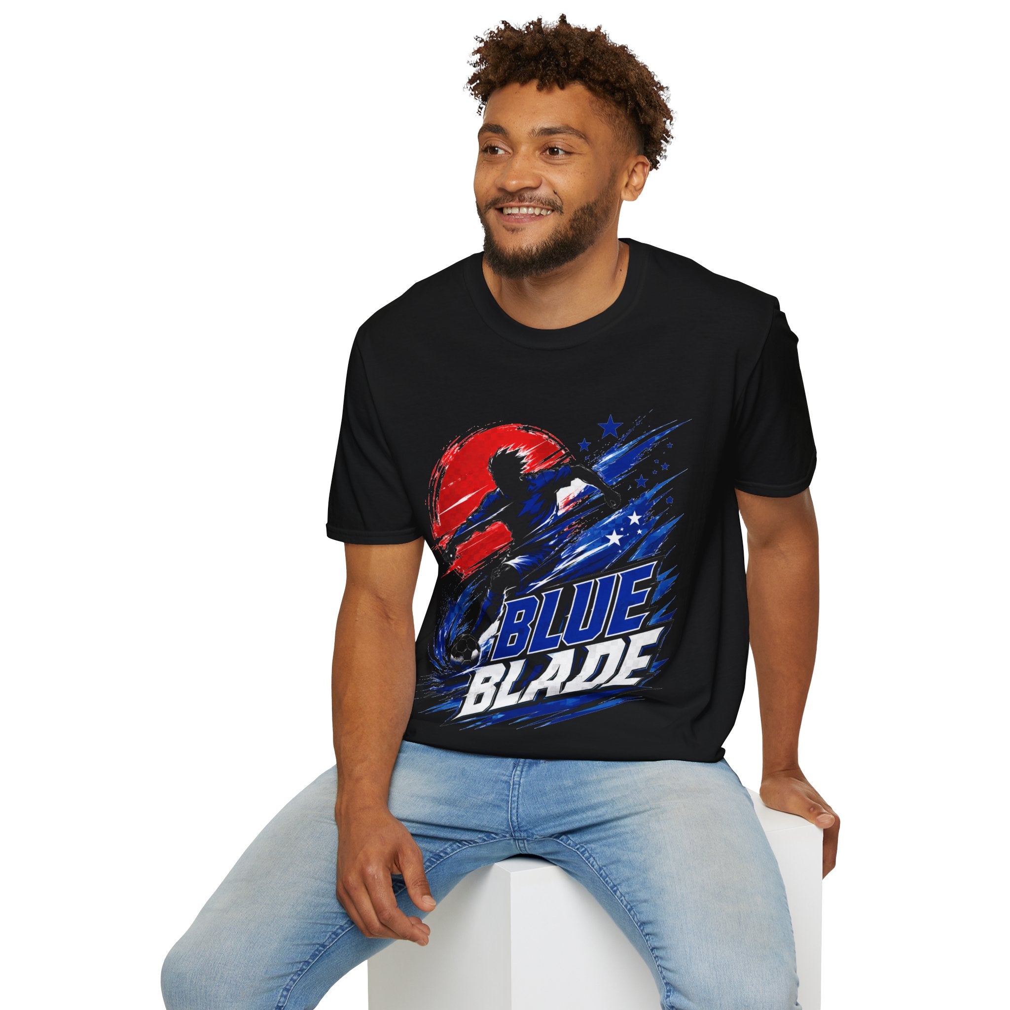 Japan T-Shirt — Blue Blade Soccer Graphic Tee (Red & Blue Starburst)