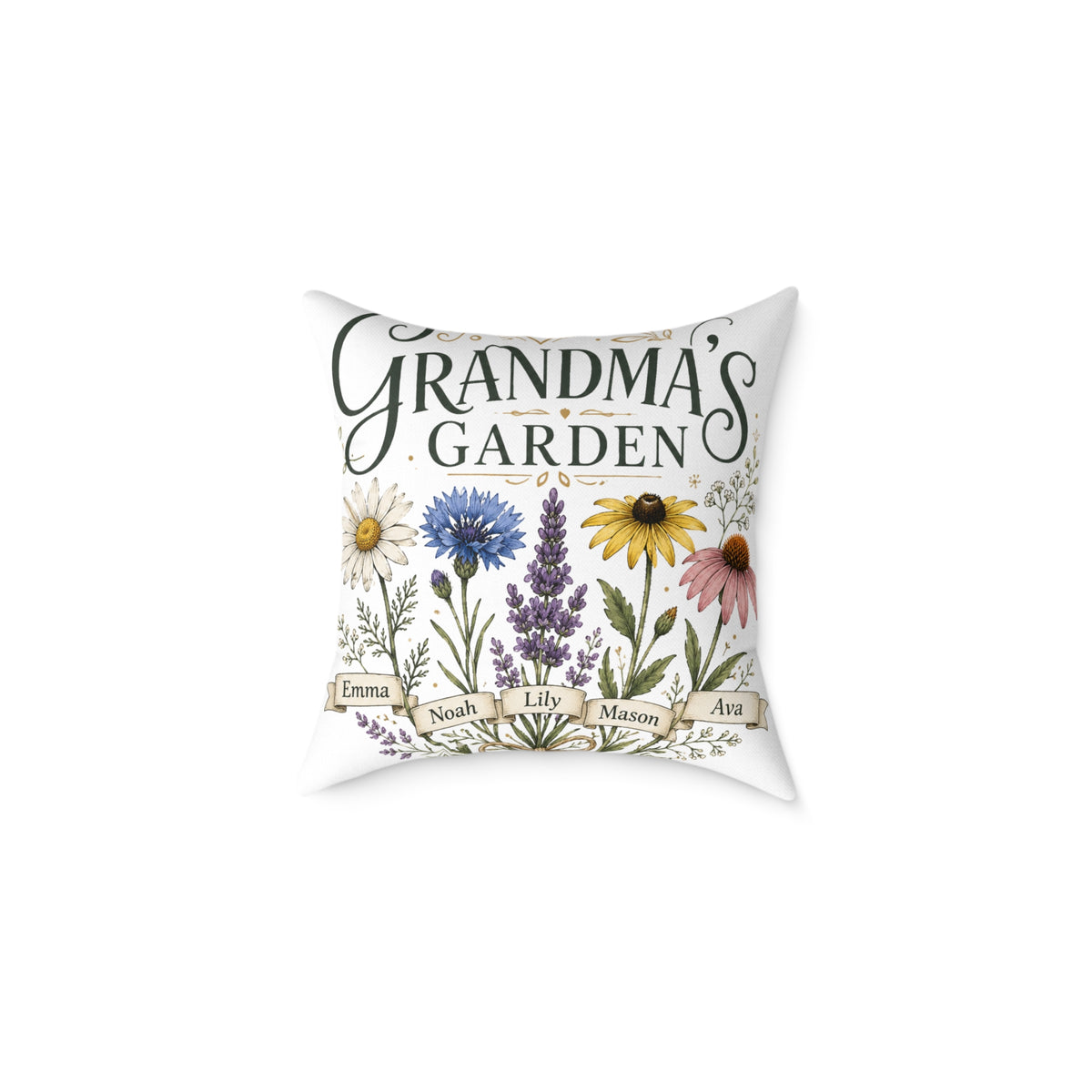 Grandma's Garden Floral Throw Pillow  Milo Bailey Dog Dad Mom— Personalized Family Names