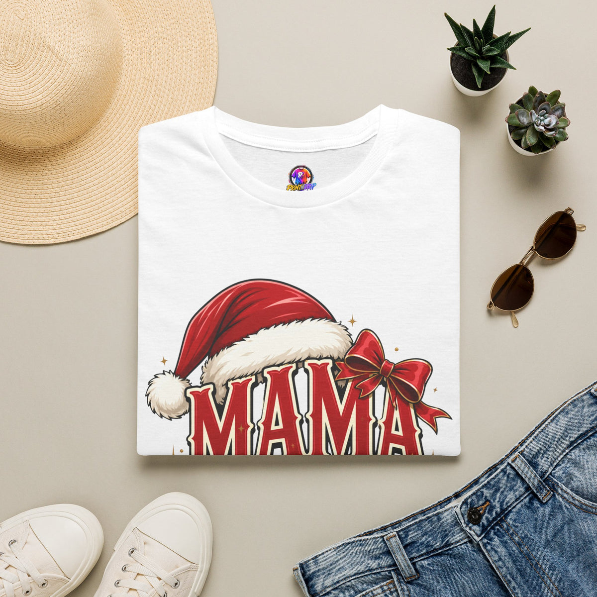 Mama Claus T-Shirt — Festive Christmas Mom Tee with Santa Hat & Bow