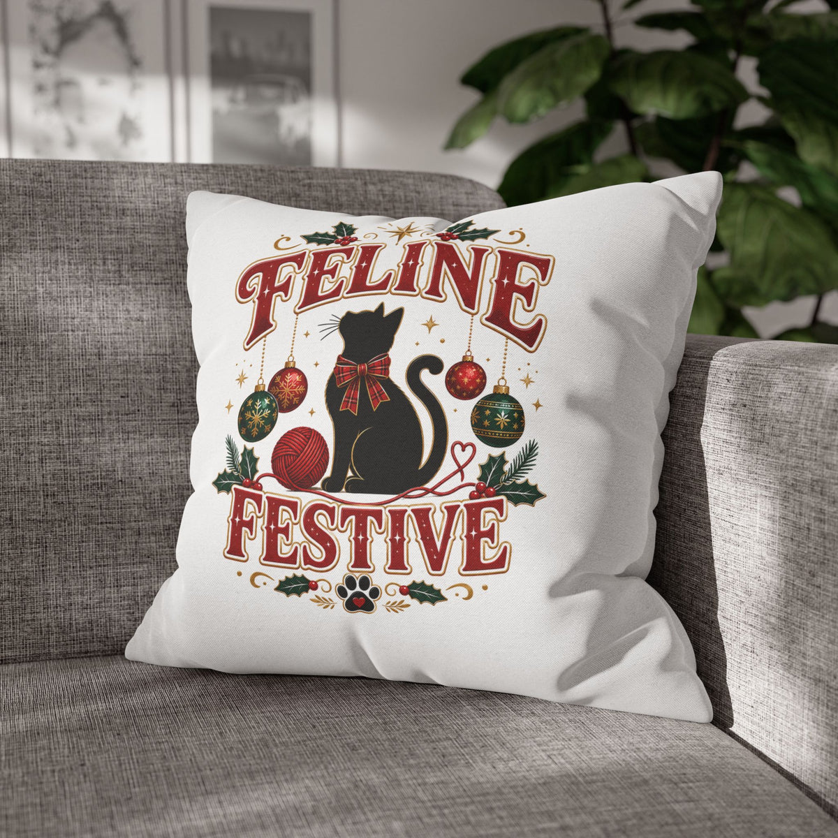 Feline Festive Christmas Pillowcase — Christmas Cat Decorative Throw Pillow Cover