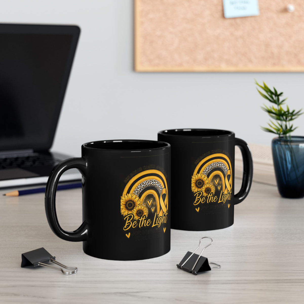 Be the Light Yellow Ribbon Sunflower Mug —Childhood Cancer  Inspirational Black Coffee Cup (11oz, 15oz)