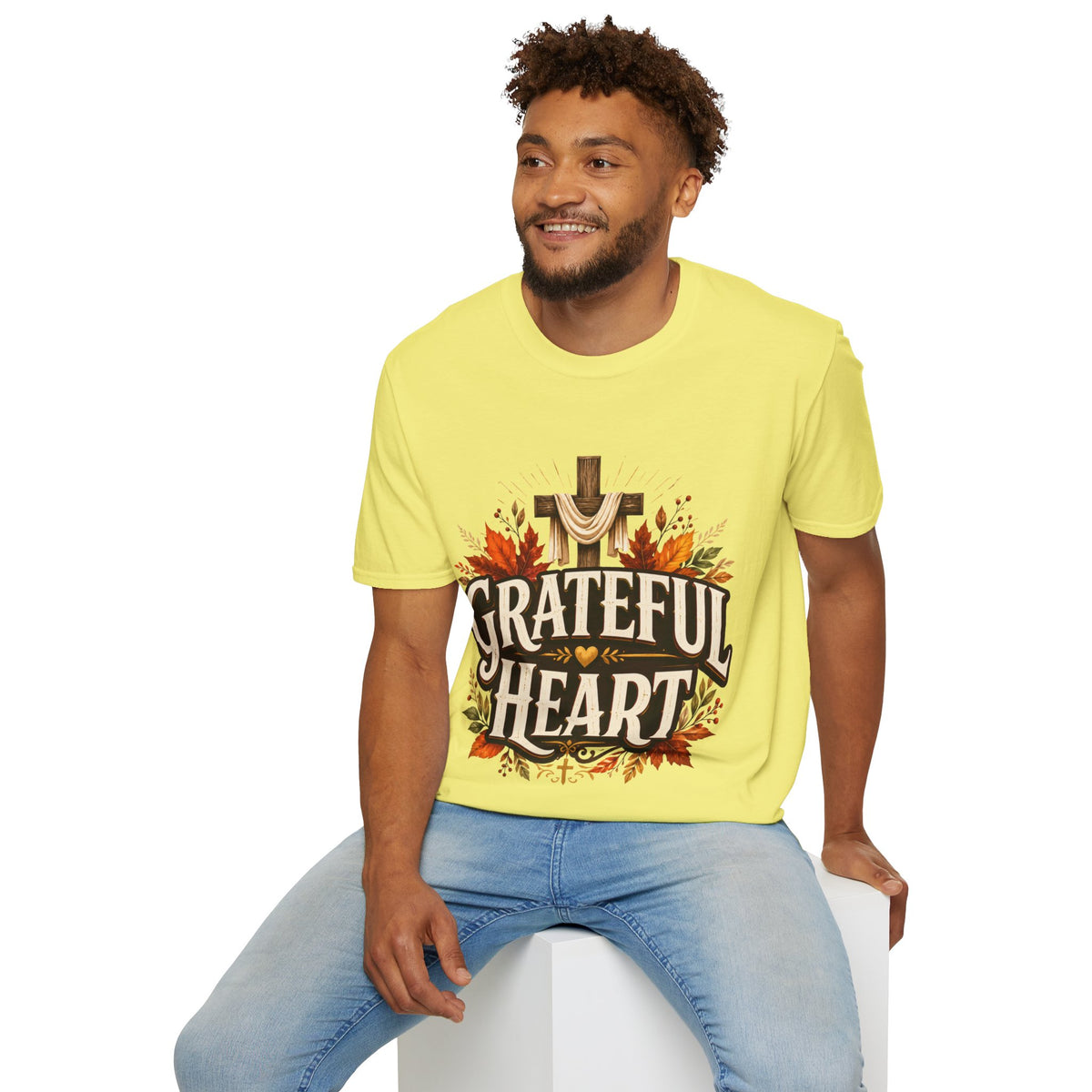 Thanksgiving T-Shirt Grateful Heart T-Shirt — Christian Cross & Autumn Leaves Thanksgiving Tee