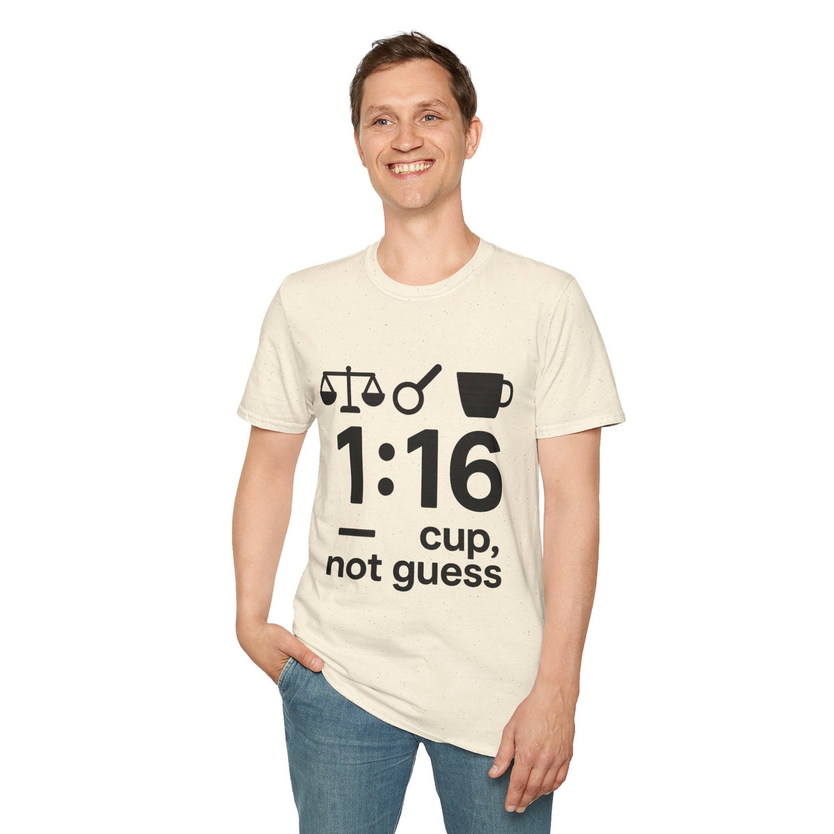 "1:16 Cup Not Guess" Coffee Brewing Ratio Graphic Tee - Funny Barista Aesthetic White T-Shirt - Trending Now - September 2026