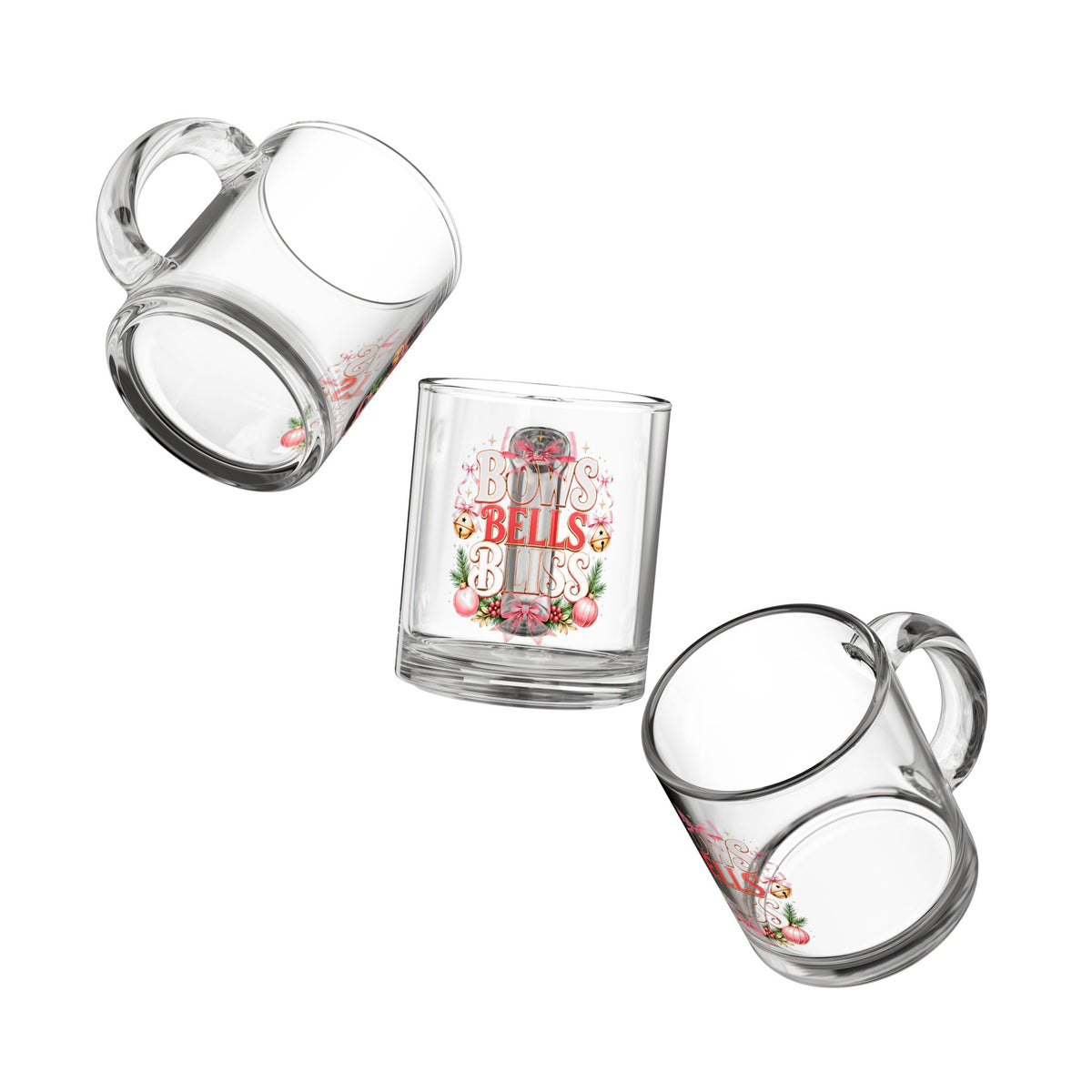 Christmas Glass Mug 10 oz Glass Mug — "Bows Bells Bless" Christmas Glass Coffee Mug, Festive Pink Ornament Design