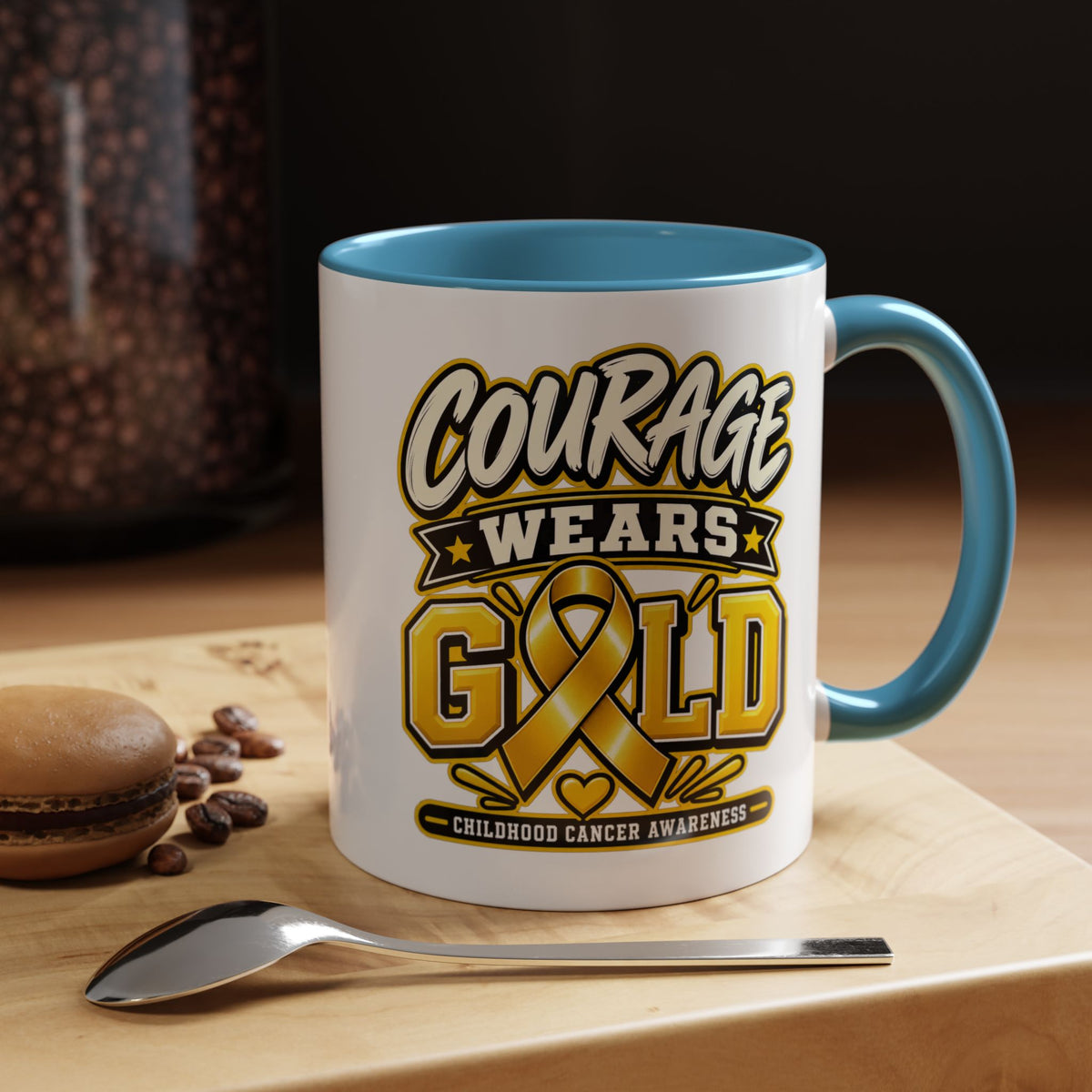 Courage Wears Gold Coffee Mug — Childhood Cancer Awareness Tea Cup