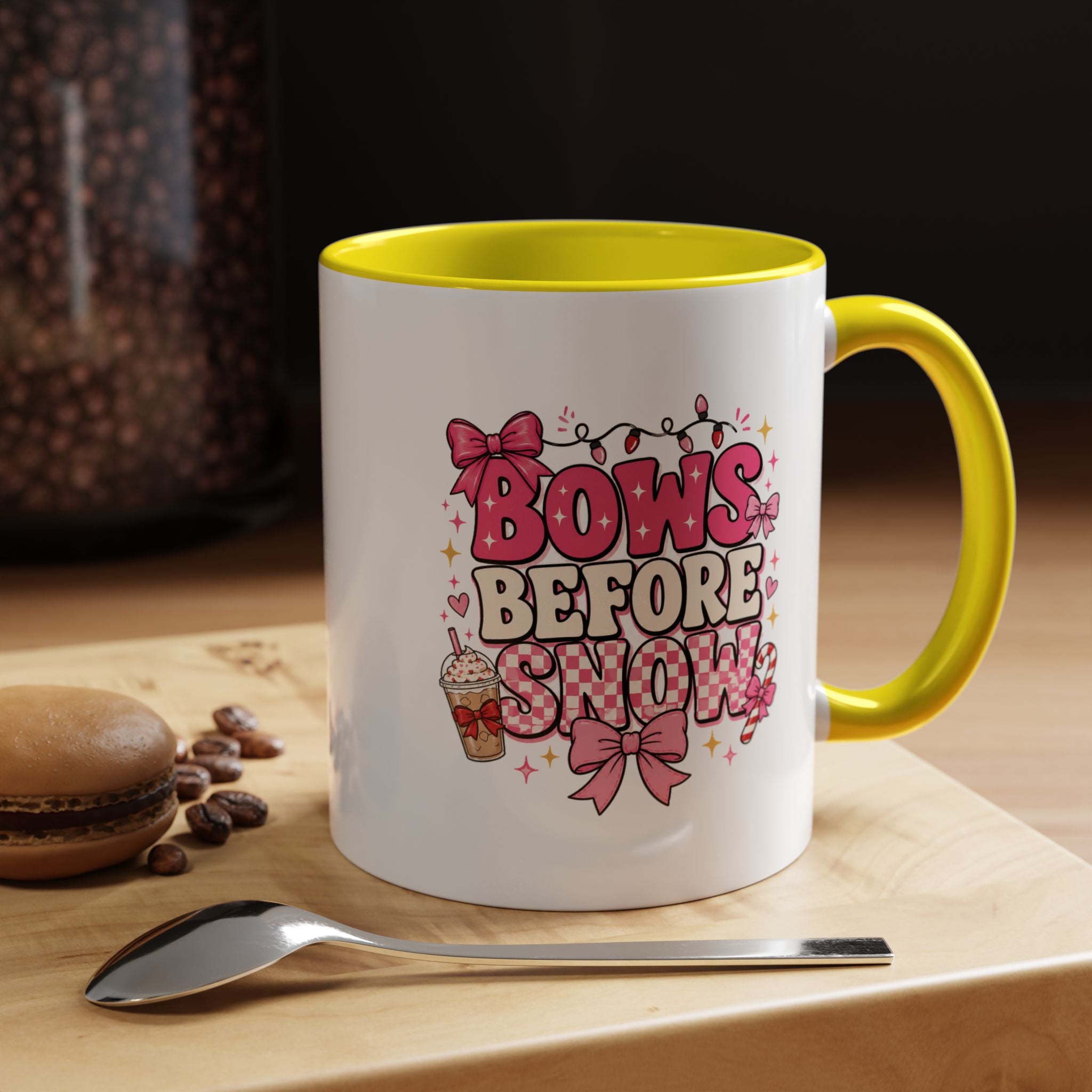 Modern Day Christmas Bows Before Snow Accent Coffee Mug — Cute Pink Holiday Hot Cocoa Design (11/15oz)