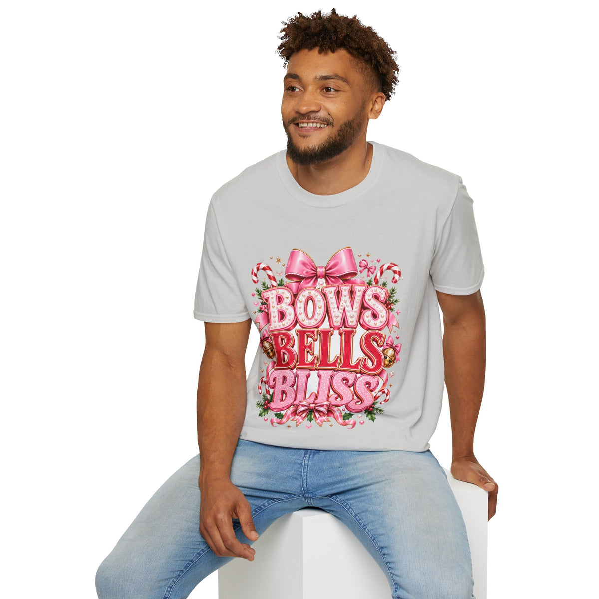 Bows Bells Bliss Christmas T‑Shirt — Pink Holiday Bow Graphic