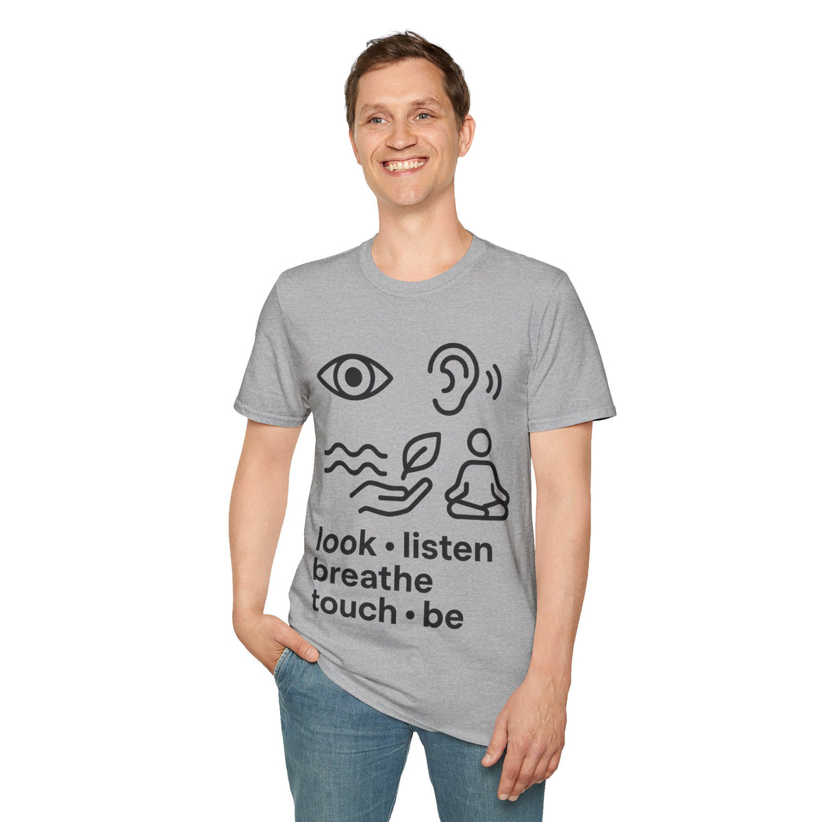 "Look Listen Breathe" Five Senses Mindfulness Tee - Minimalist Aesthetic Wellness White T-Shirt - Trending Now - September 2026