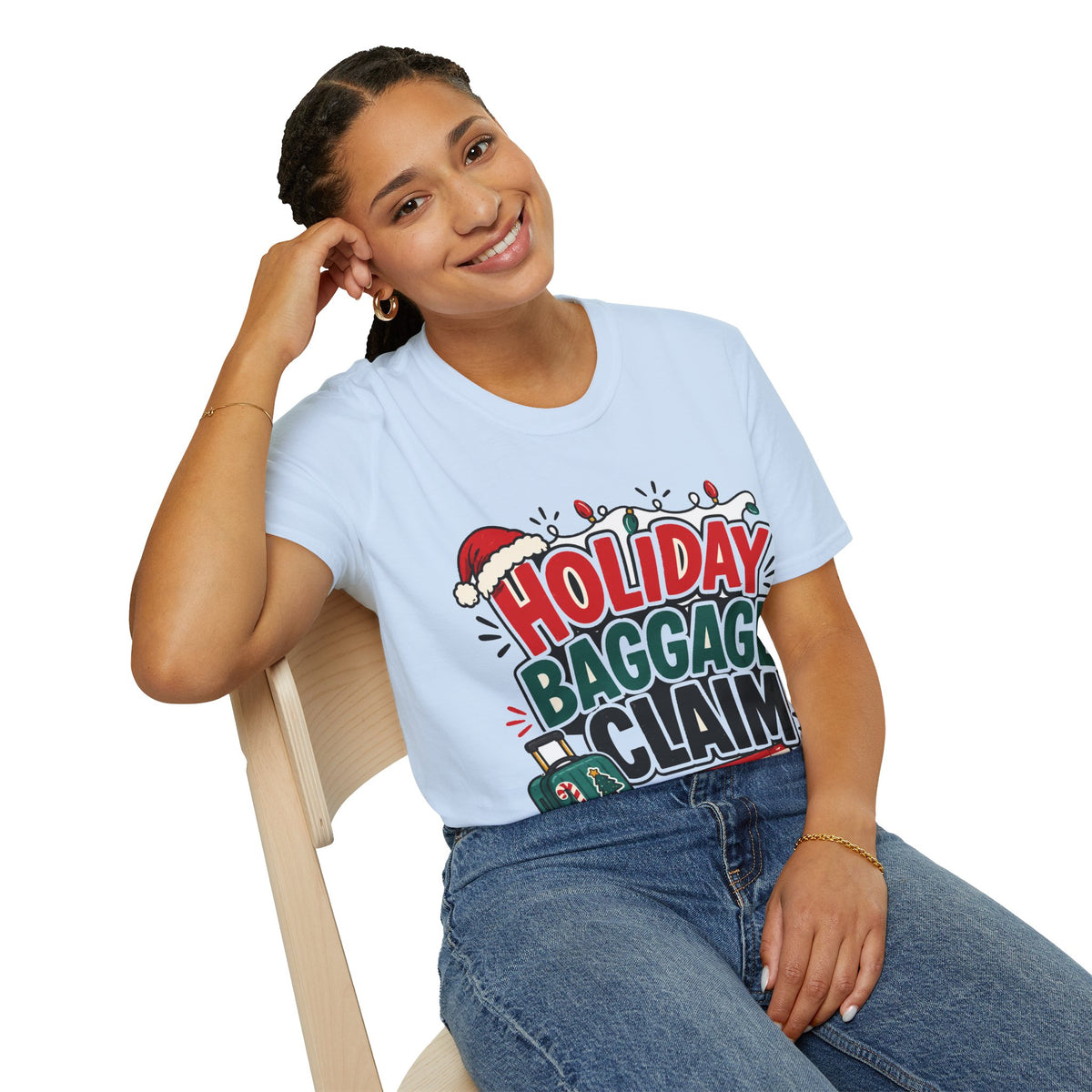 Holiday Baggage Claim T-Shirt — Funny Christmas Vacation Tee with Santa Hat & Lights