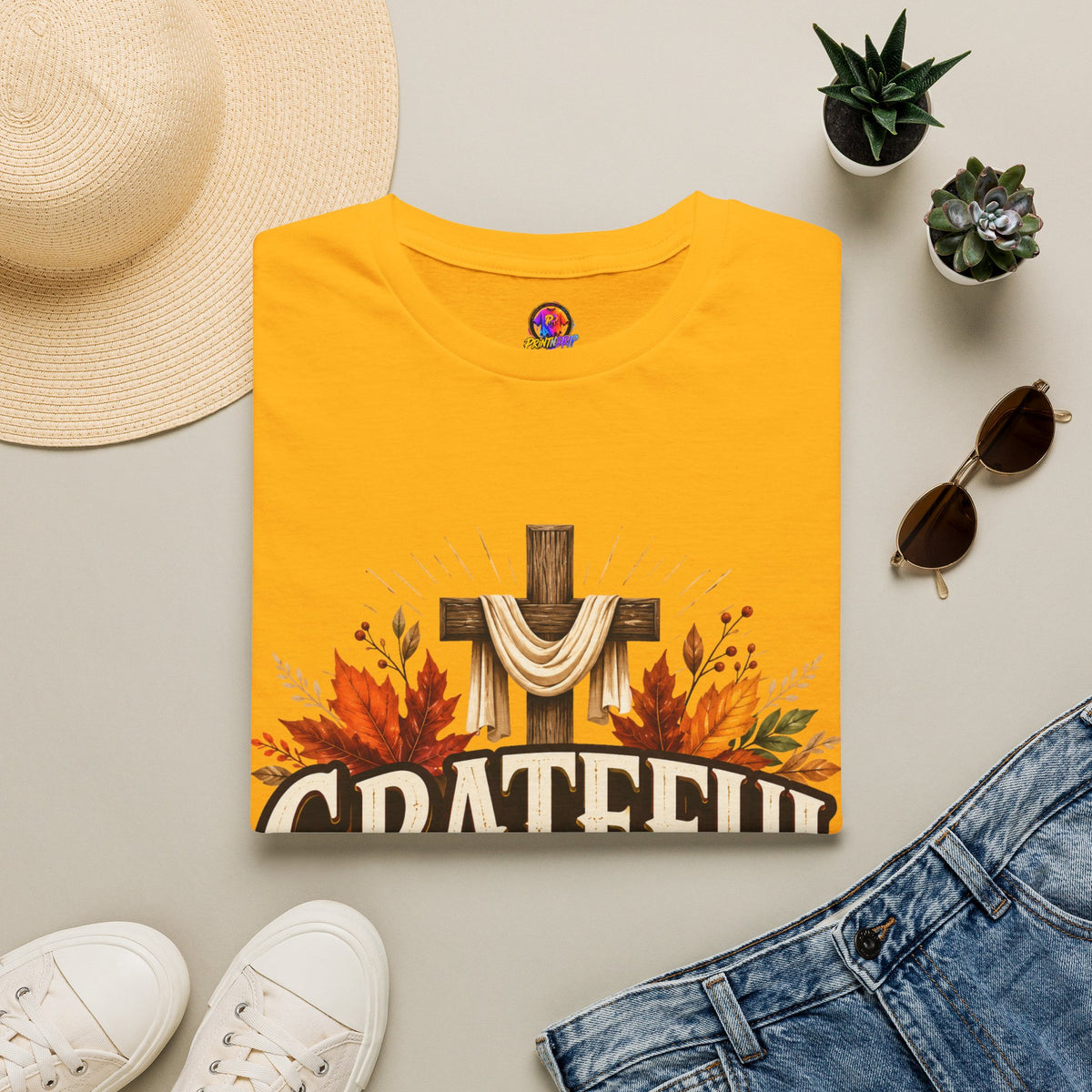 Thanksgiving T-Shirt Grateful Heart T-Shirt — Christian Cross & Autumn Leaves Thanksgiving Tee