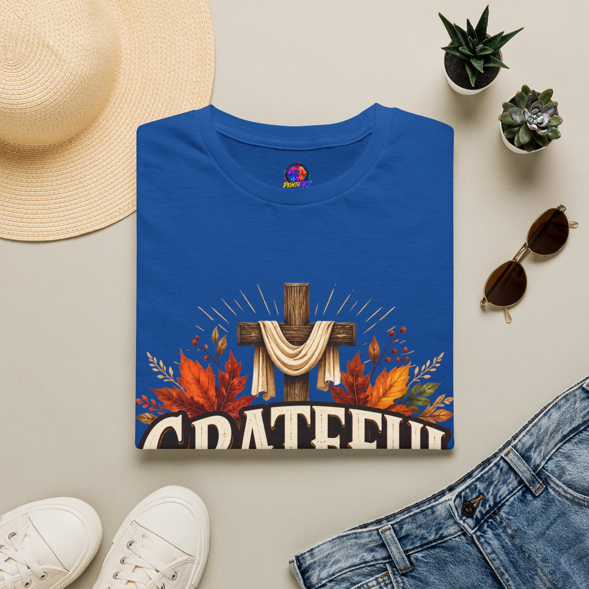 Thanksgiving T-Shirt Grateful Heart T-Shirt — Christian Cross & Autumn Leaves Thanksgiving Tee