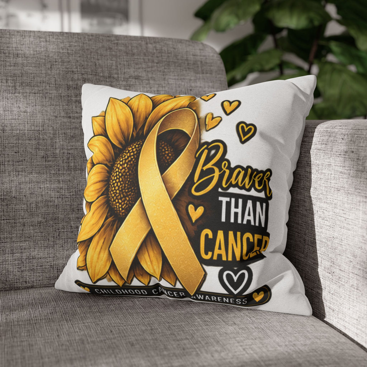 Childhood Cancer Brave Than Cancer Sunflower Ribbon Square Pillowcase