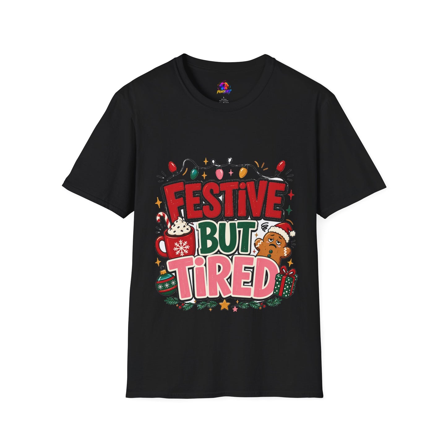 Festive But Tired T-Shirt — Holiday Christmas Crew Tee with Lights & Gingerbread