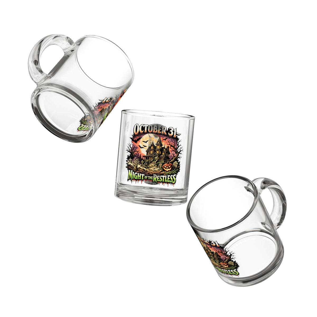 Halloween Glass Mug 10 oz  October 31 Glass Mug - "Night of the Restless" Haunted House Halloween Coffee Cup