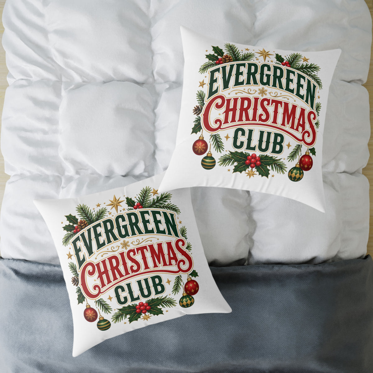 Evergreen Christmas Club Holiday Throw Pillow — Festive Pine Wreath Decorative Pillow