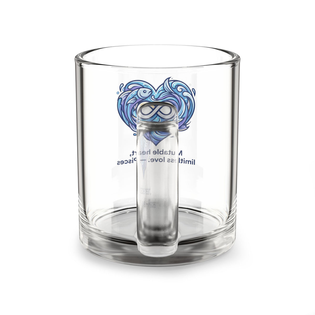 Pisces Heart Glass Mug — 10oz Zodiac Coffee Cup with Watercolor Infinity Design