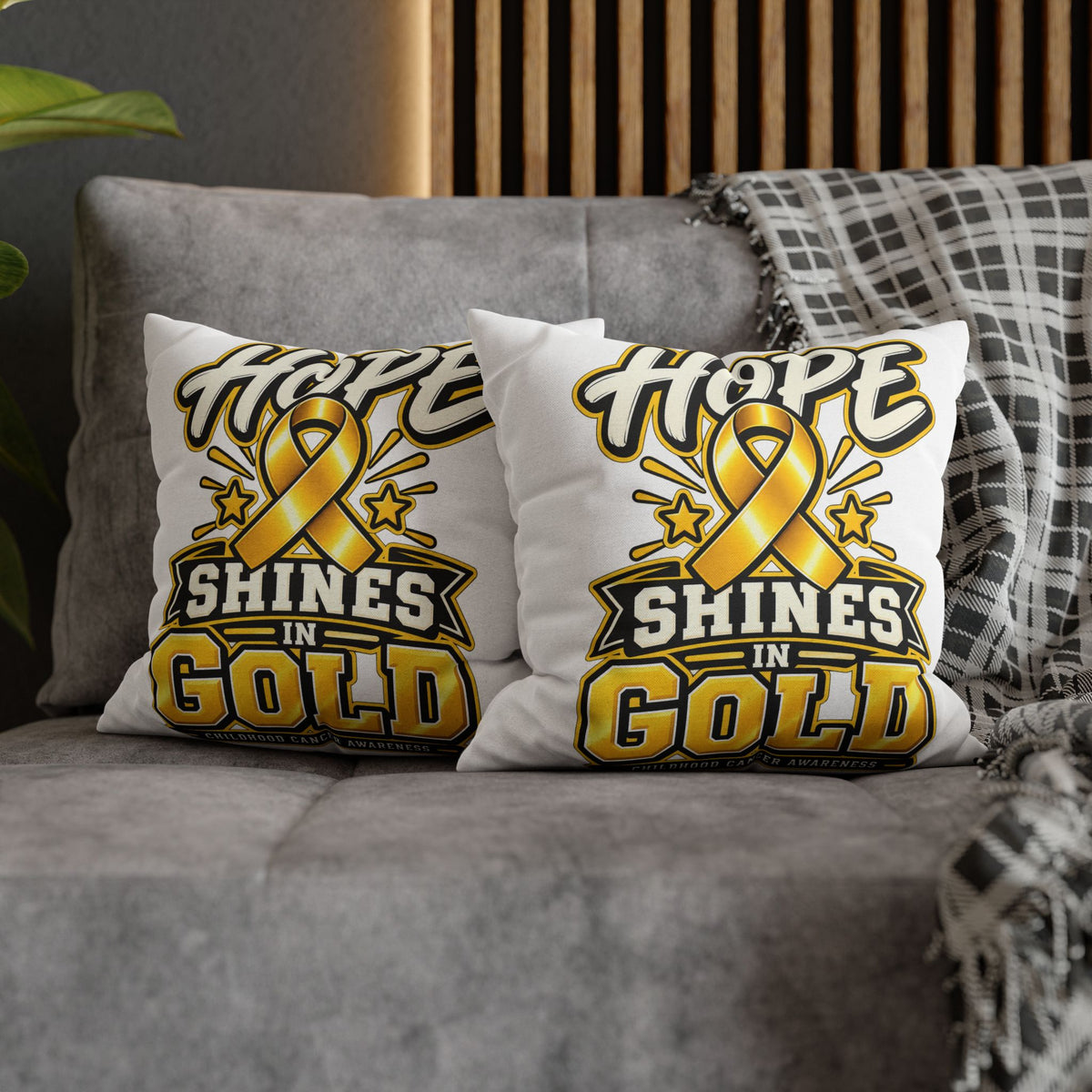 Hope Shines in Gold Pillowcase — Childhood Cancer Awareness Ribbon Decorative Pillow