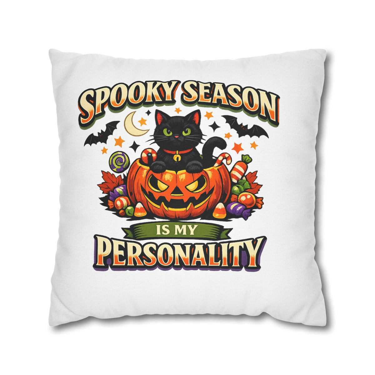 Halloween Pillowcase — "Spooky Season Is My Personality" Black Cat Pumpkin Decorative Pillow