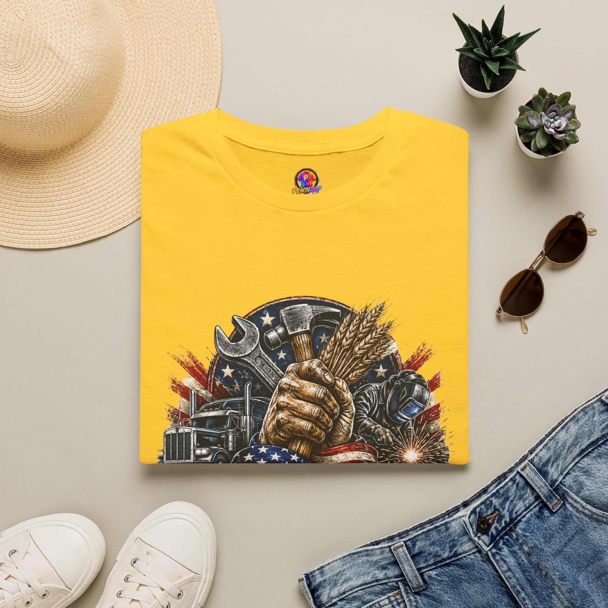 Freedom Runs on Working Hands T-Shirt — Patriotic Mechanic Tool & Wheat Design